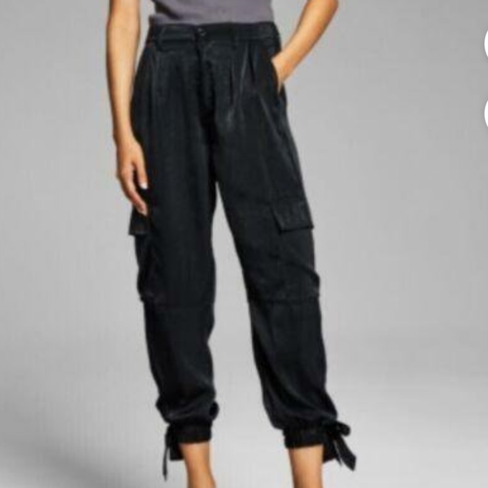 And Now This - Silky Textured Black Cargo Joggers With Elastic Ankle Ties